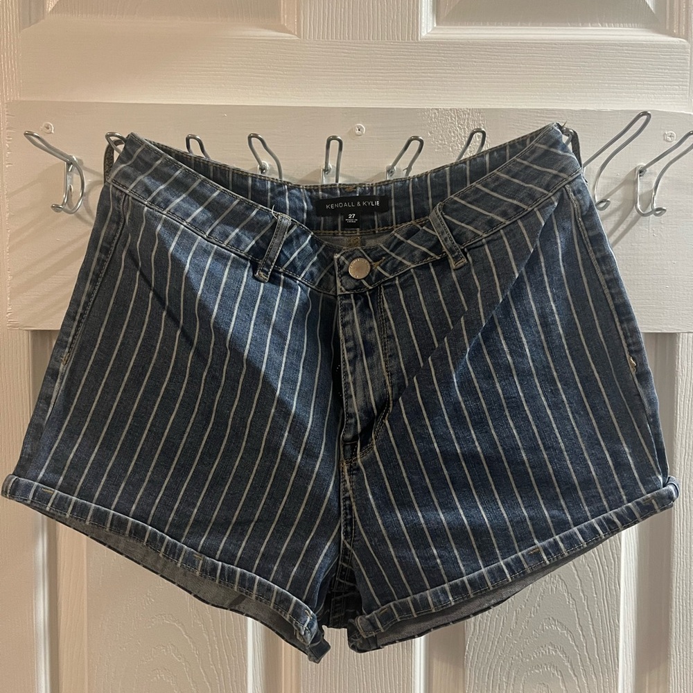 Kendall & Kylie Navy and White Pinstripe Denim Shorts
